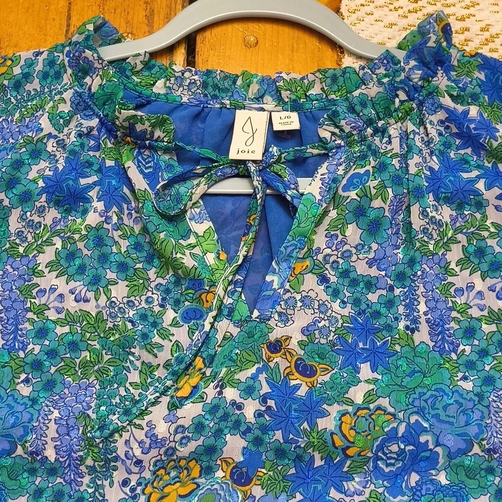 Joie Floral Blue and Green Women's Top Garden Party Brunch Career Large Vacation - Picture 15 of 15